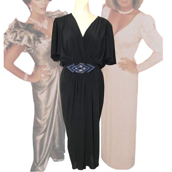 1980’s Rimini Black Ruched V-Neck Bead Embellishment Waist Cocktail Dress - Picture 1 of 16